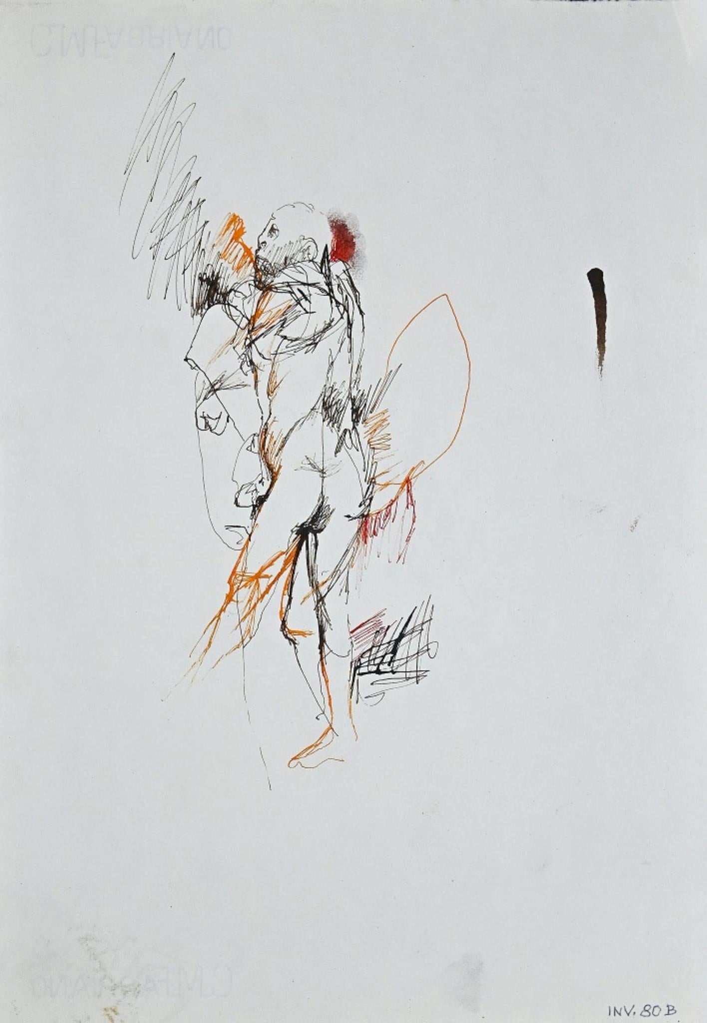 Figurative Art Leo Guida - Nu masculin debout - dessin à l'encre d'origine - années 1970