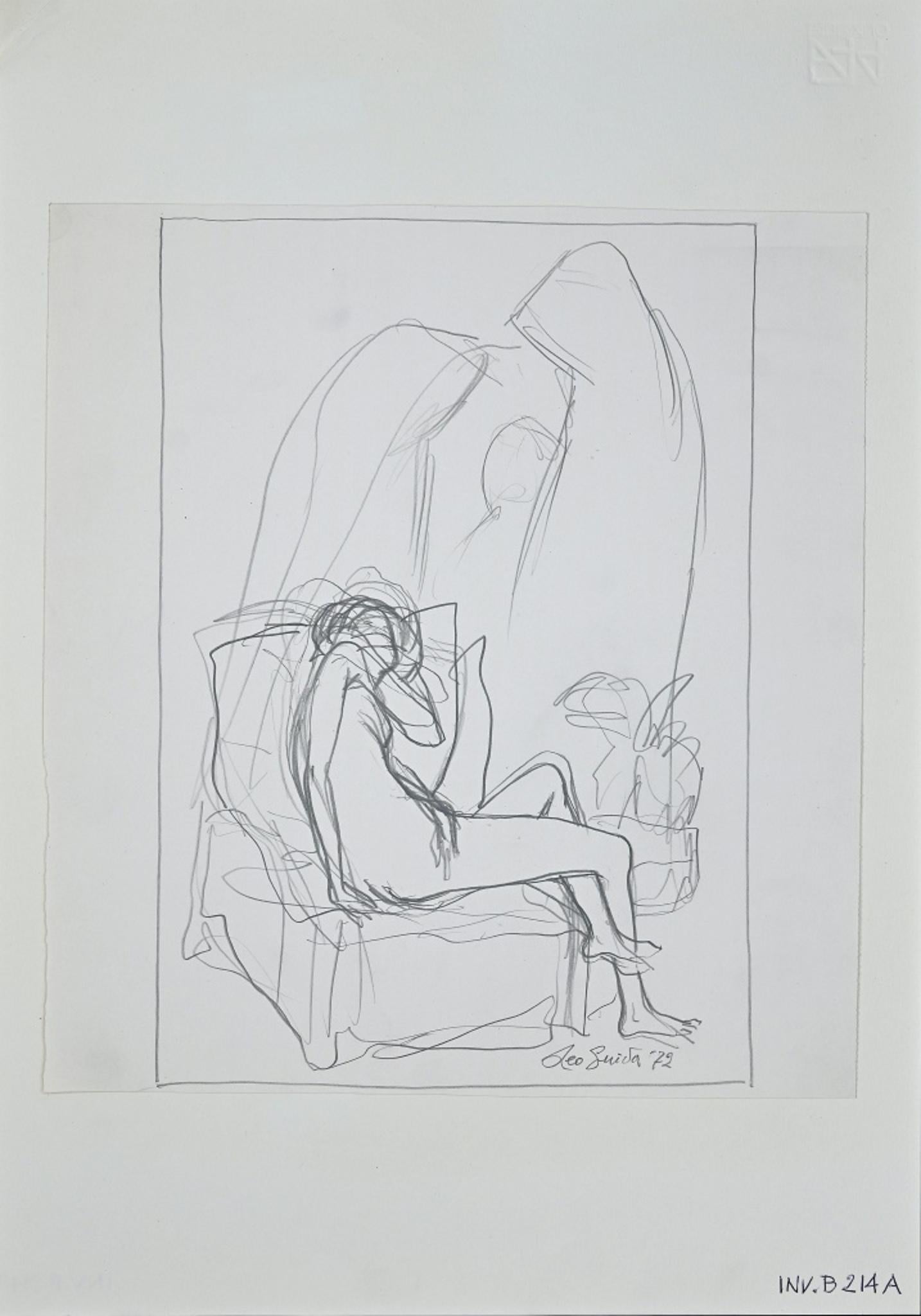 Lying Nude - Original Pencil Drawing by Leo Guida - 1972