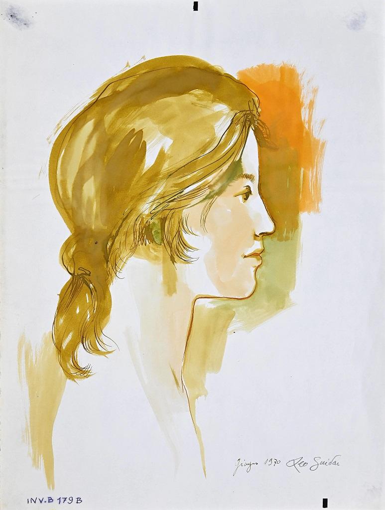 Female Profile - Original Ink and Watercolor by Leo Guida - 1970