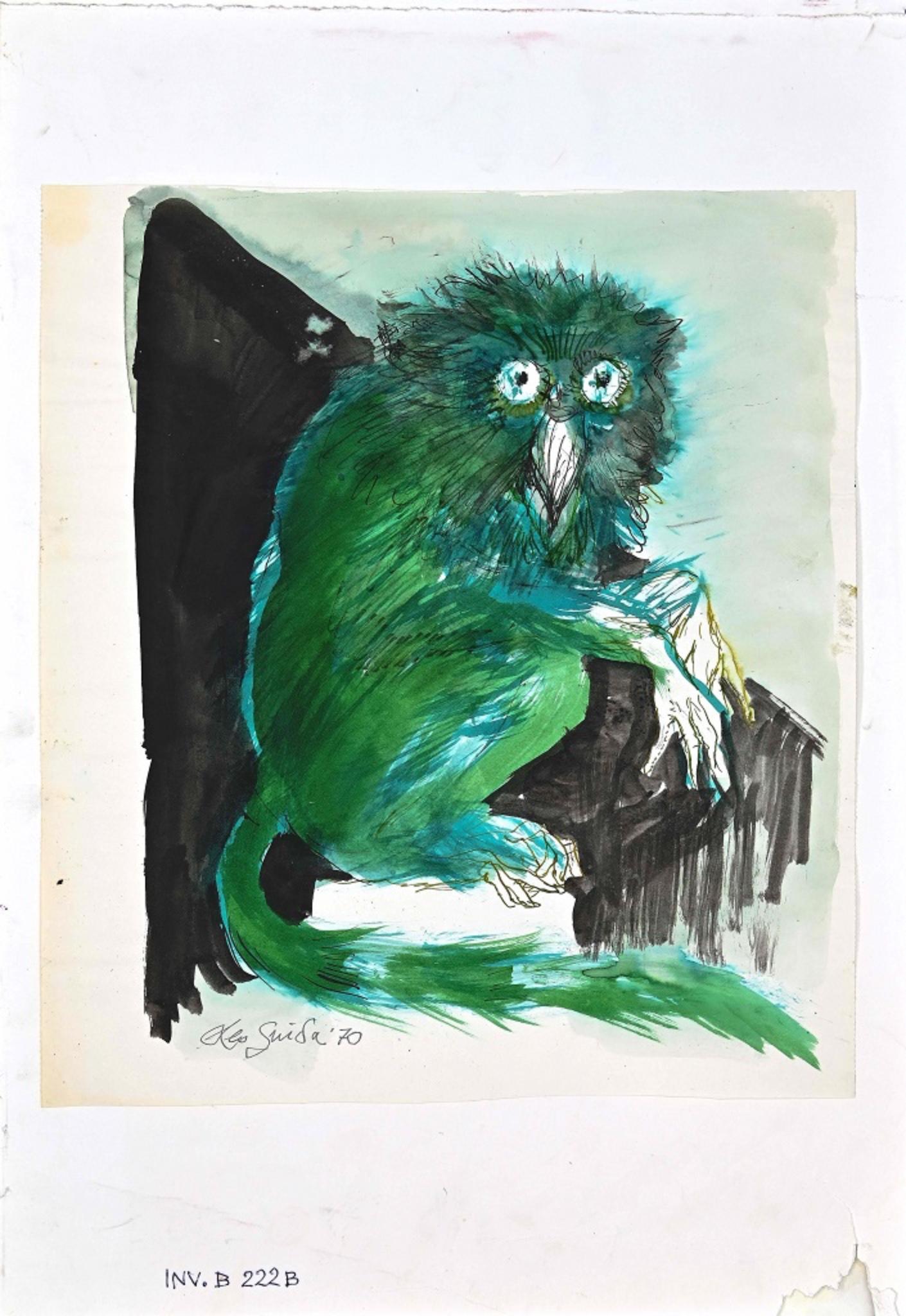 The Owl is an original Contemporary artwork realized in 1970 by the italian artist Leo Guida.

Hand-signed and dated in pencil on the lower left corner: Leo Guida '70. 

Mixed media: watercolor, china ink and tempera on paper. 

The painting is