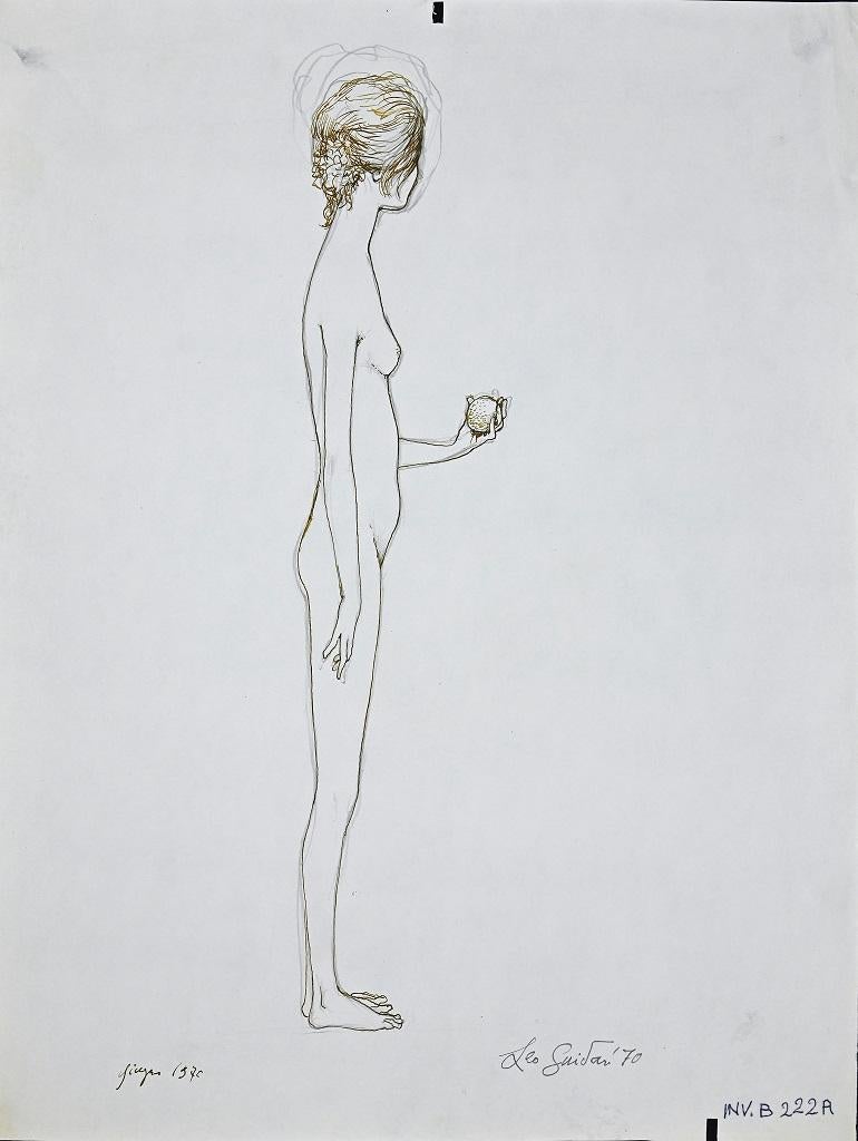 Standing Girl - Ink Drawing by Leo Guida - 1970