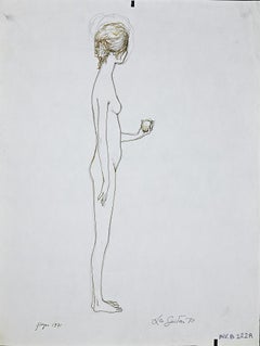 Vintage Standing Girl - Ink Drawing by Leo Guida - 1970