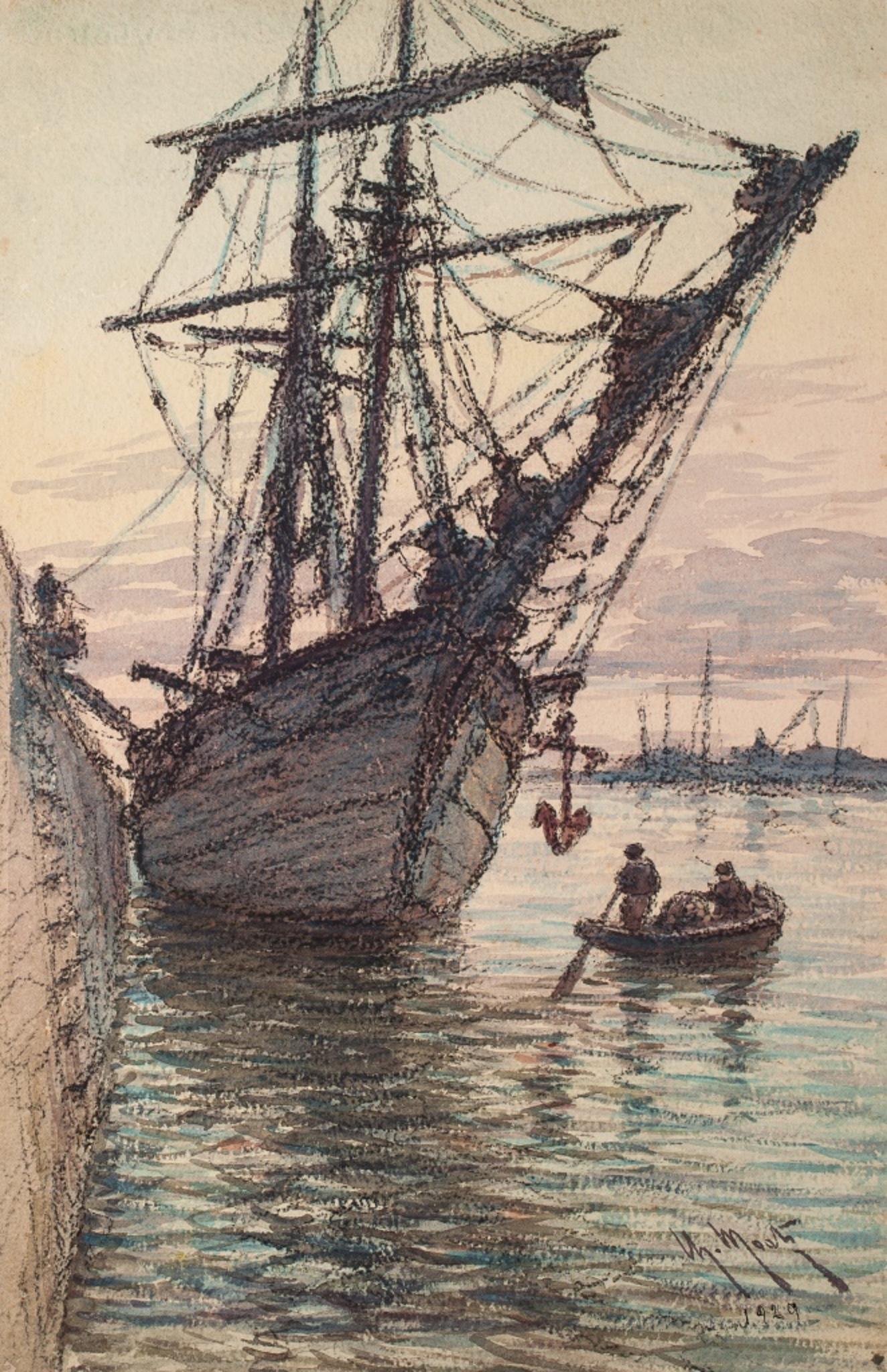 Unknown Landscape Art – Segelschiff im Hafen – Aquarell  - 1929