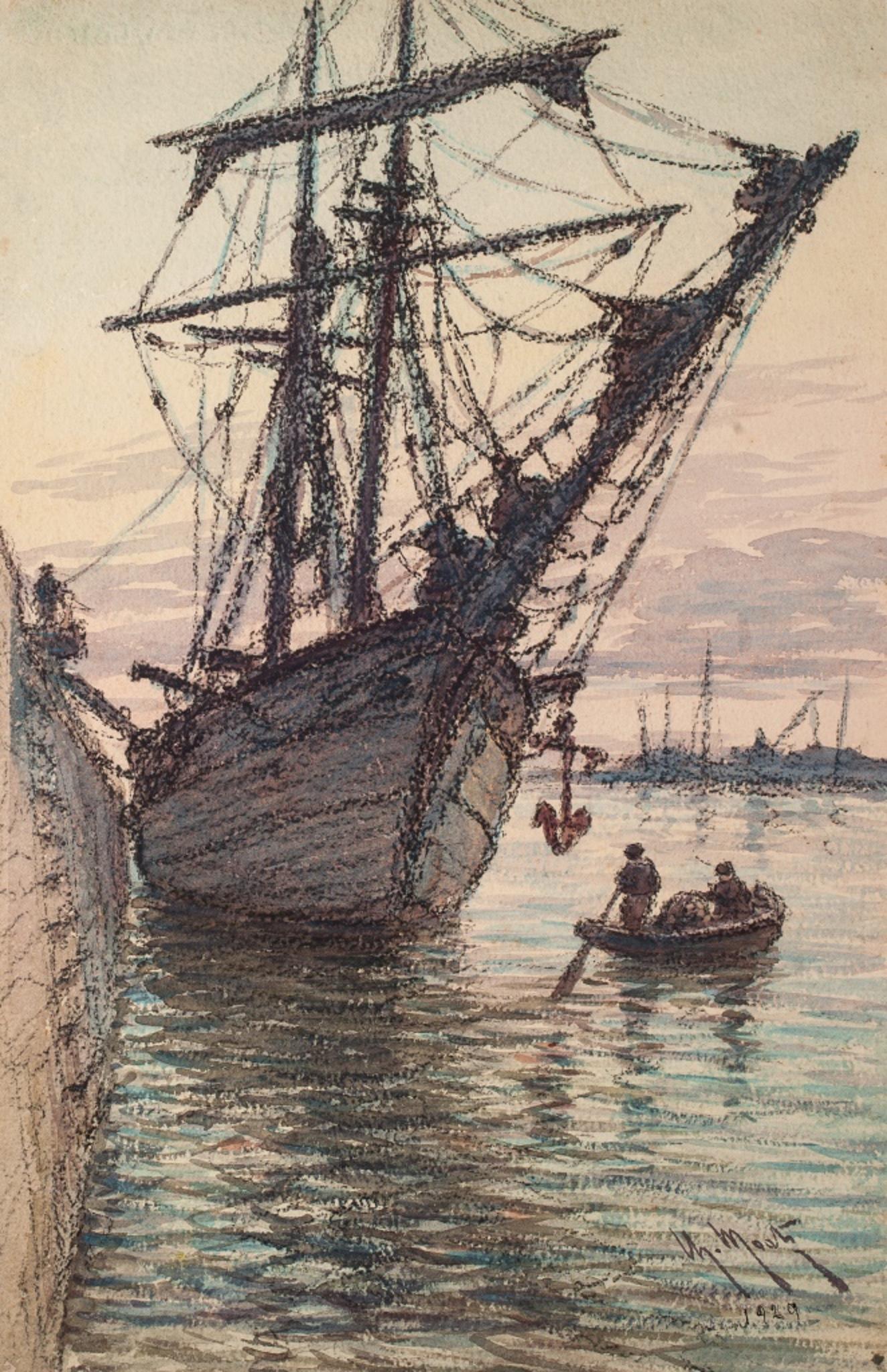 Unknown Landscape Art - Sailing Ship in the Harbour - Watercolor  - 1929