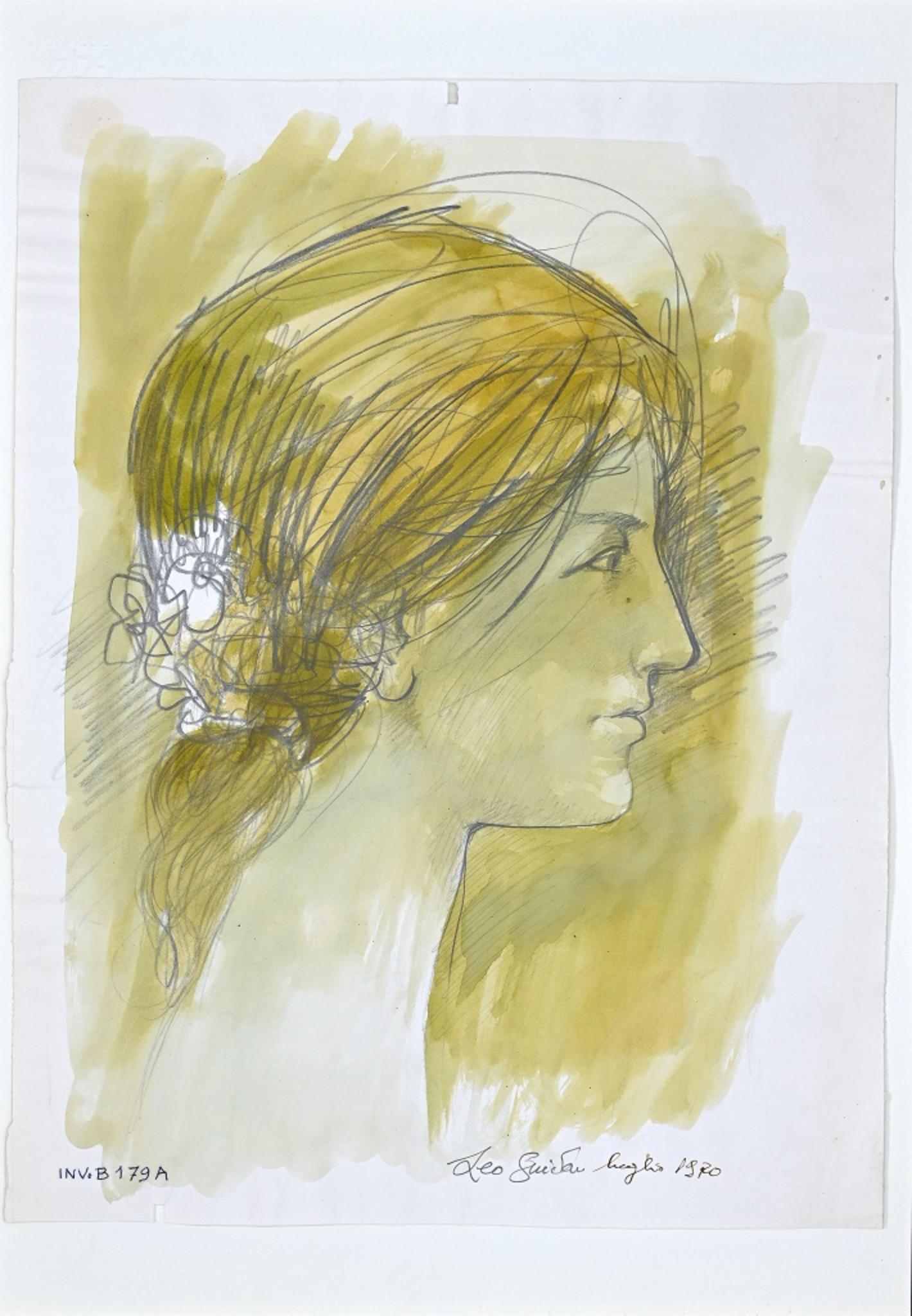 Weibliches Profil – Tinte und Aquarell von Leo Guida – 1972