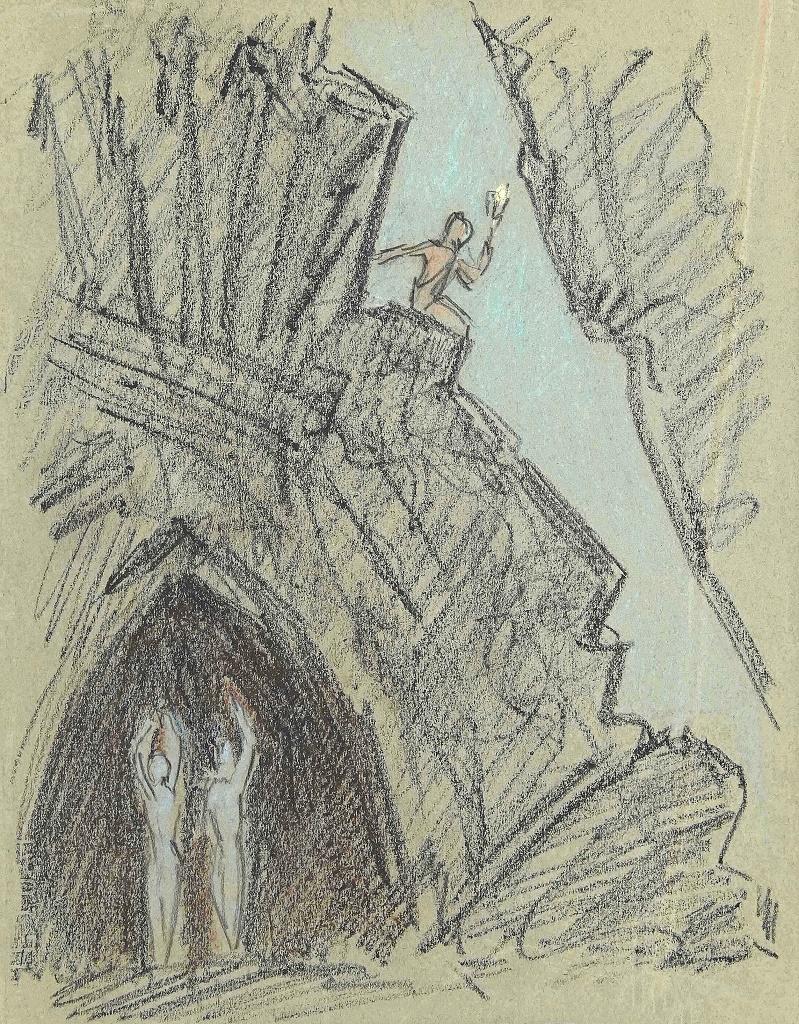 The Descent into the Cave - Original Pencil and Pastel Drawing - 20th century