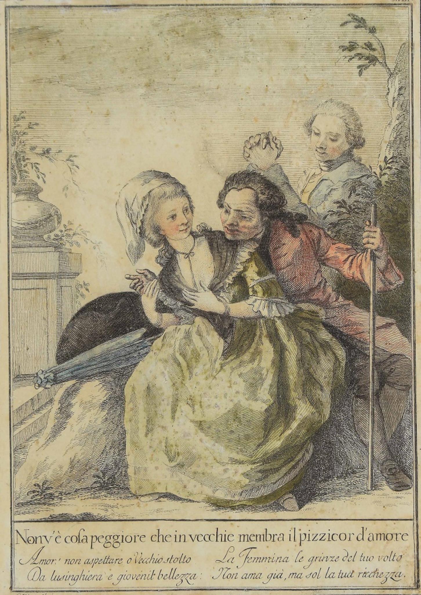 Tuscan Proverbs is an original etching realized by Carlo Lasinio in 1786.

Etching and watercolour technique, in good conditions, except for some stains on the back of the yellowed paper.  Image Dimensions: 27.5x19 cm.

Carlo Lasinio (Treviso