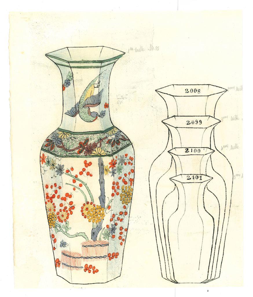 Unknown Figurative Art - Porcelain Vases - Ink and Watercolor - 19th Century