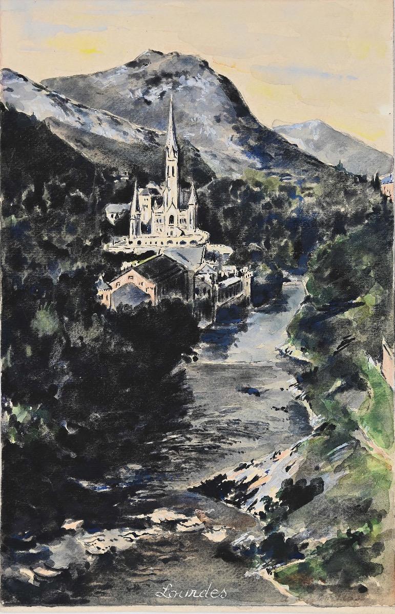 Unknown Landscape Art – Lourdes – Aquarell und Tempera – Mitte des 20. Jahrhunderts