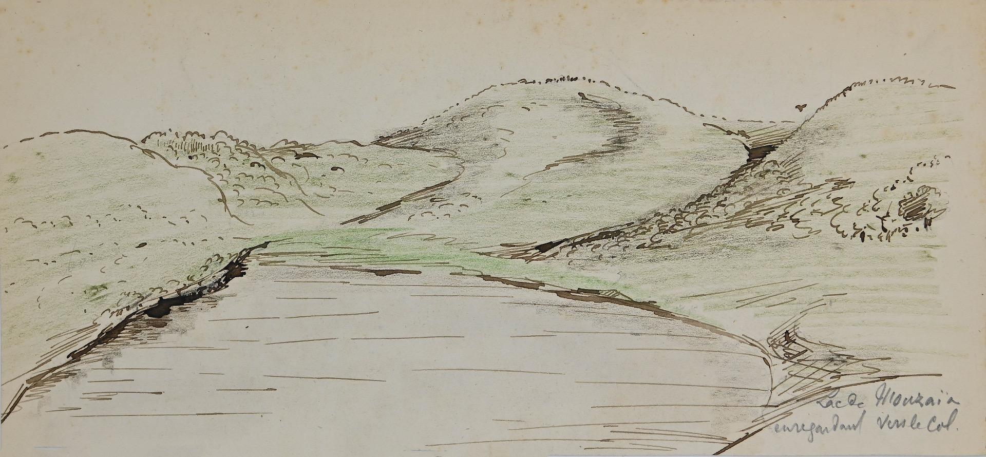 Landscape - Original Ink and Pastel Drawing - Mid-20th Century