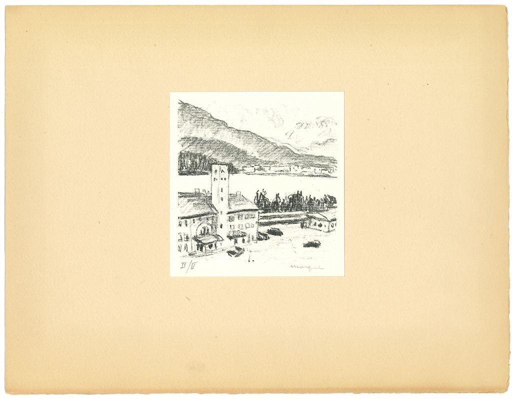 Berge im Kanton Grigioni ist eine wunderschöne Lithographie auf elfenbeinfarbenem Papier, die von Albert Marquet (Bordeaux, 1875 - Paris, 1947) geschaffen wurde.

Handsigniert mit Bleistift am unteren rechten Rand. Links unten mit Bleistift in
