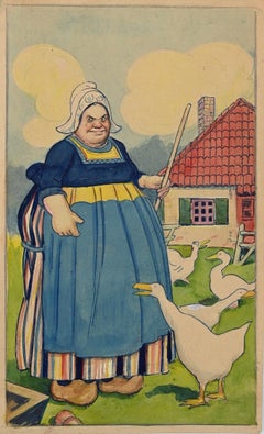 Peasant Woman with Geese - Original Drawing by Gabriele Galantara - 1915