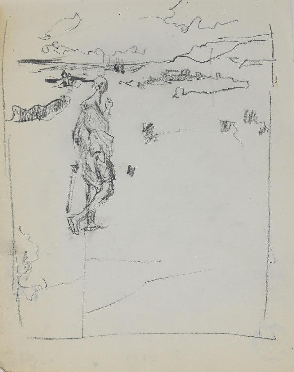 Figure sur le paysage - Crayon original d'Herta Hausmann - Milieu du XXe siècle