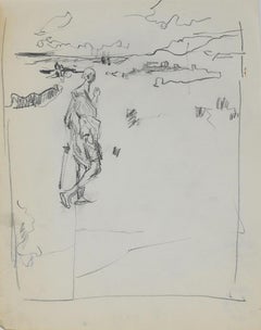 Figure on the Landscape - Original Pencil by Herta Hausmann - Mid-20th Century