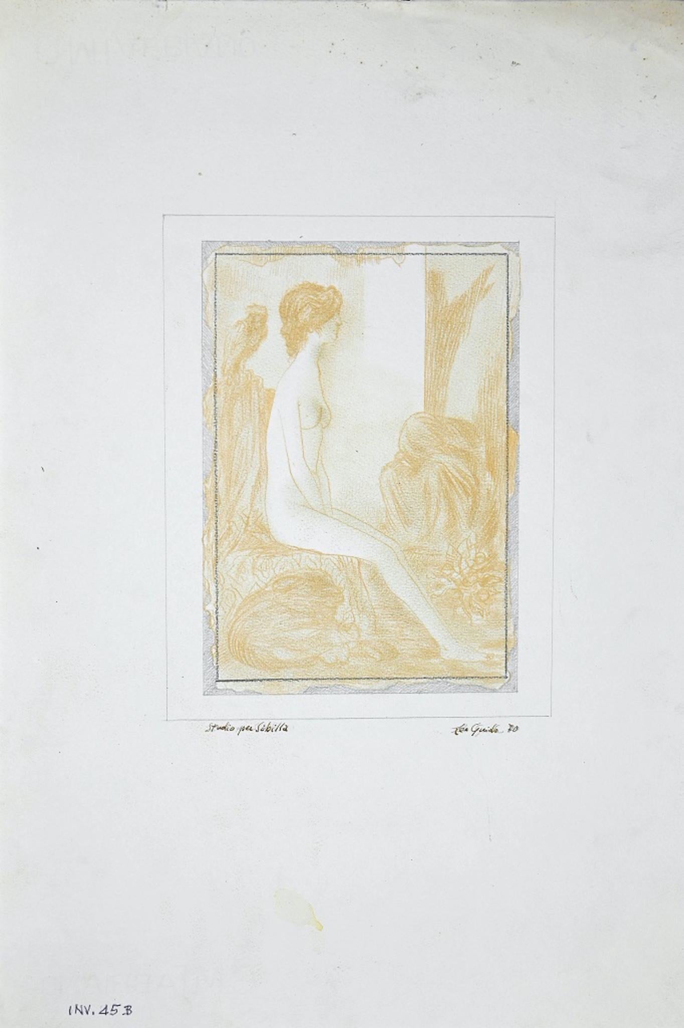 Study for a Sibyl is an original Contemporary artwork realized in 1970 by the italian artist Leo Guida.

Original Yellow and Orange Drawing on cardboard.  Image Dimensions: 31 x 0.1 x 15 cm.

Dated and Hand-signed in ink on the lower right margin by