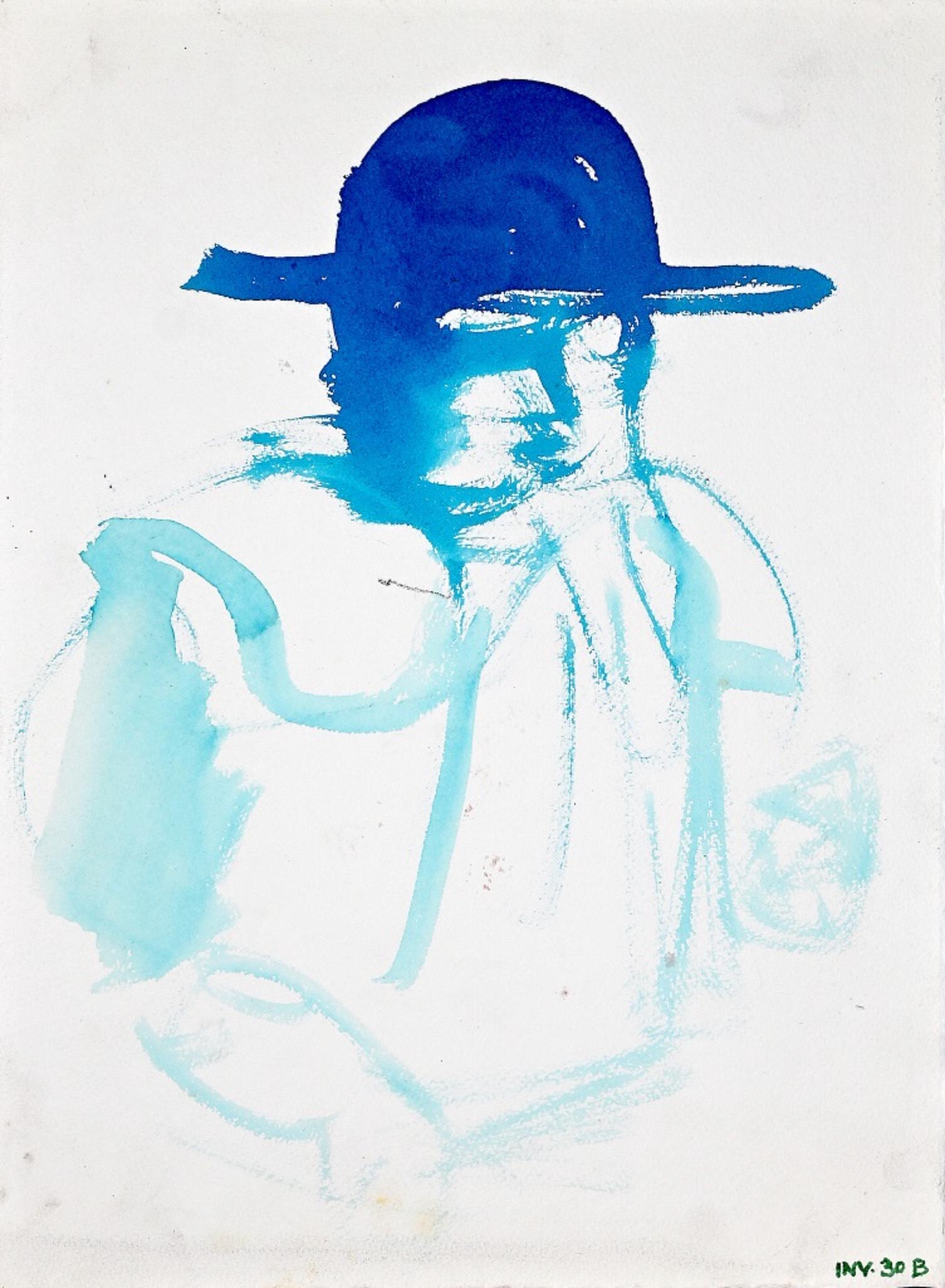 Leo Guida Figurative Art - Blue Profile - Watercolor on paper - 1970s