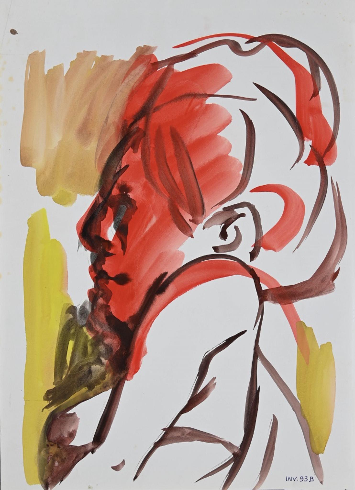 Rotes Profil einer Frau – Aquarell auf Papier – 1970er Jahre