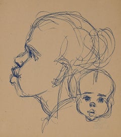 Woman with Child in Marocco - Original Ink by Helen Vogt - 1930s