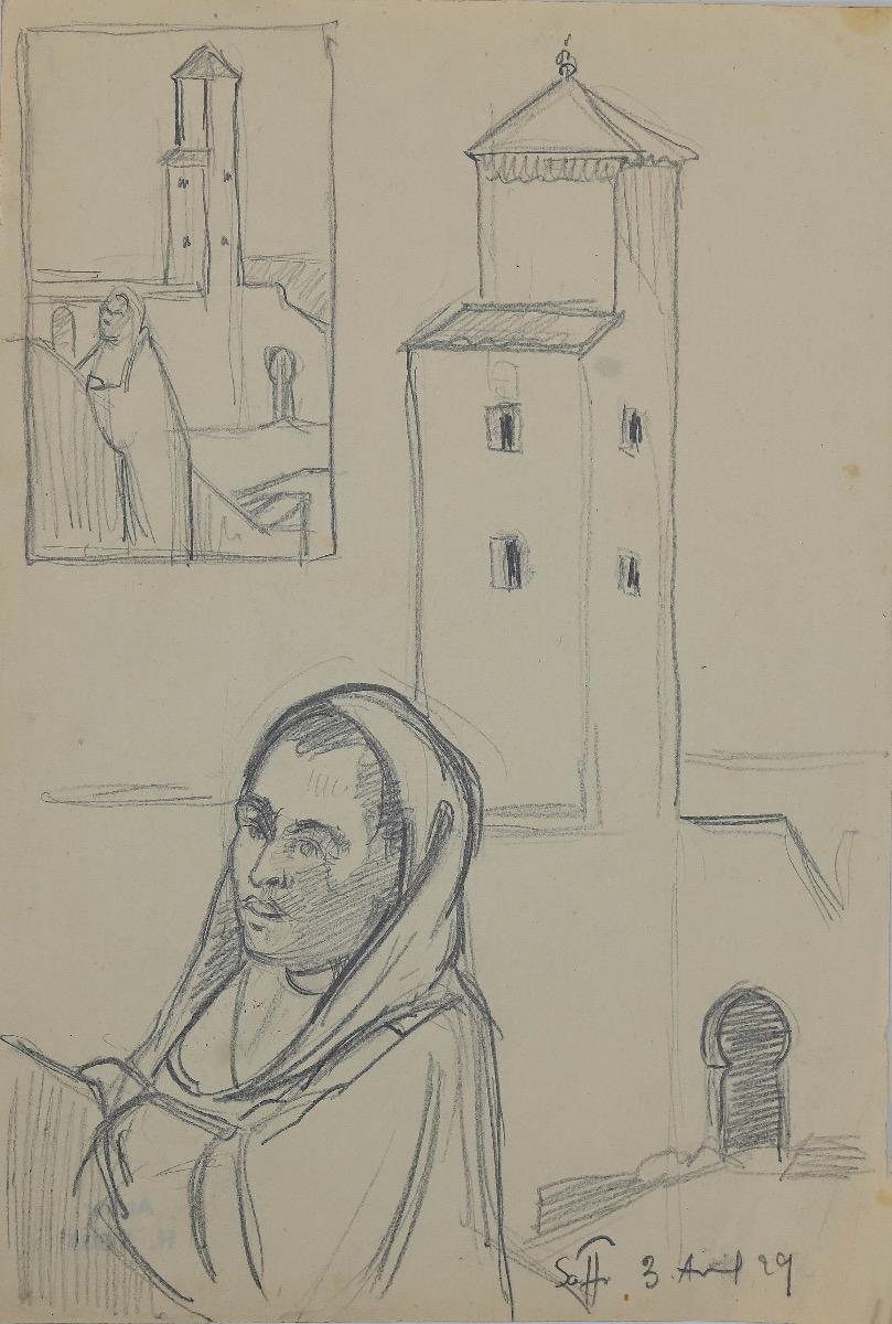 Figures and Houses in Morocco - Original Pencil by Helen Vogt - 1930