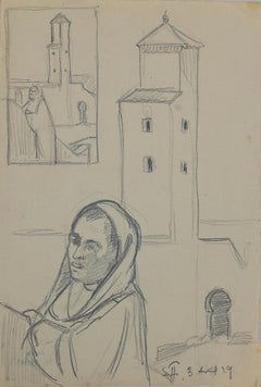 Vintage Figures and Houses in Morocco - Original Pencil by Helen Vogt - 1930