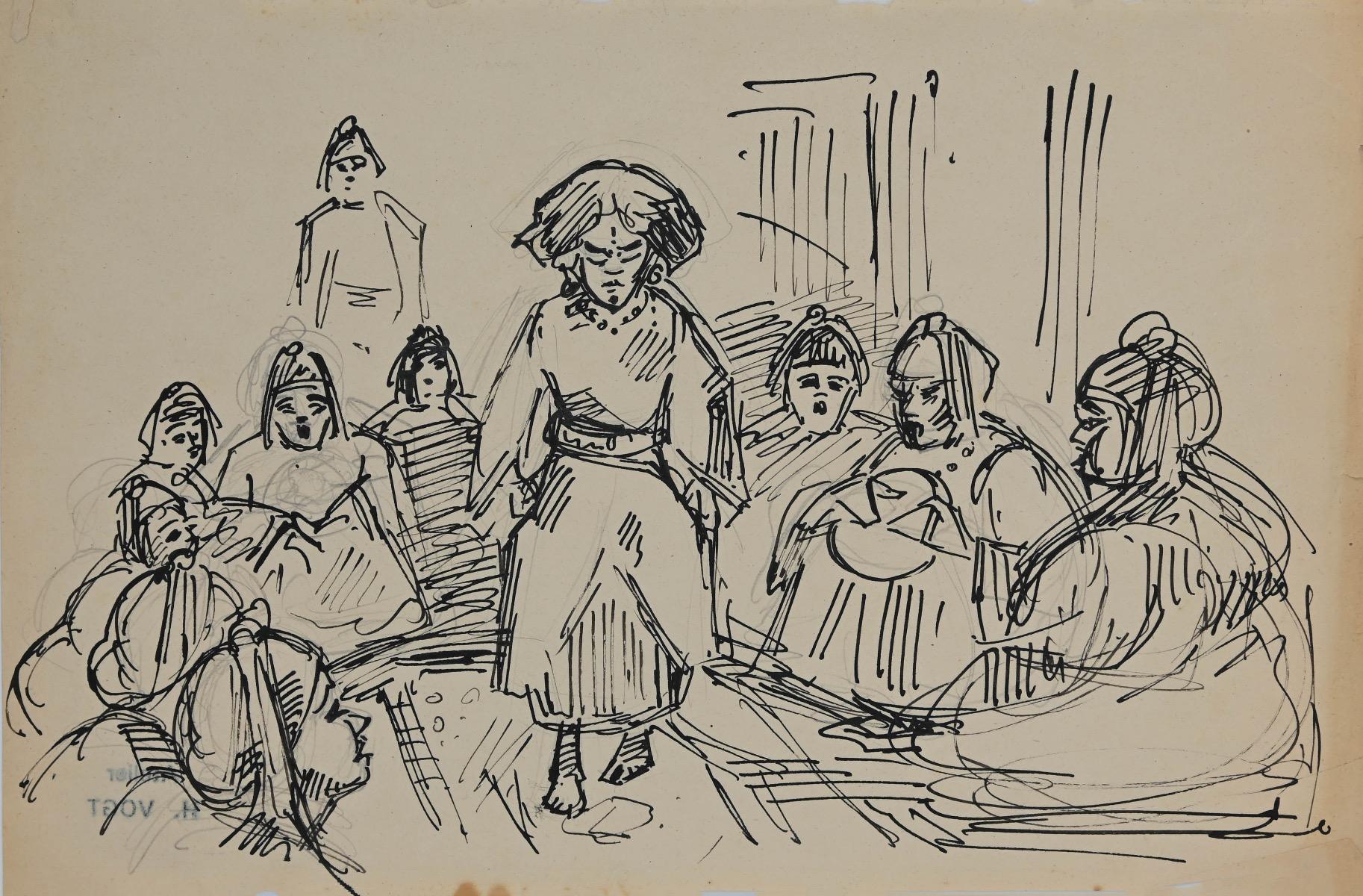 Women in Marocco is an original pencil and china ink drawing realized by Helen Vogt in 1935. 

The state of preservation is very good. 

Not signed. 

Stamp of the artist on the back.