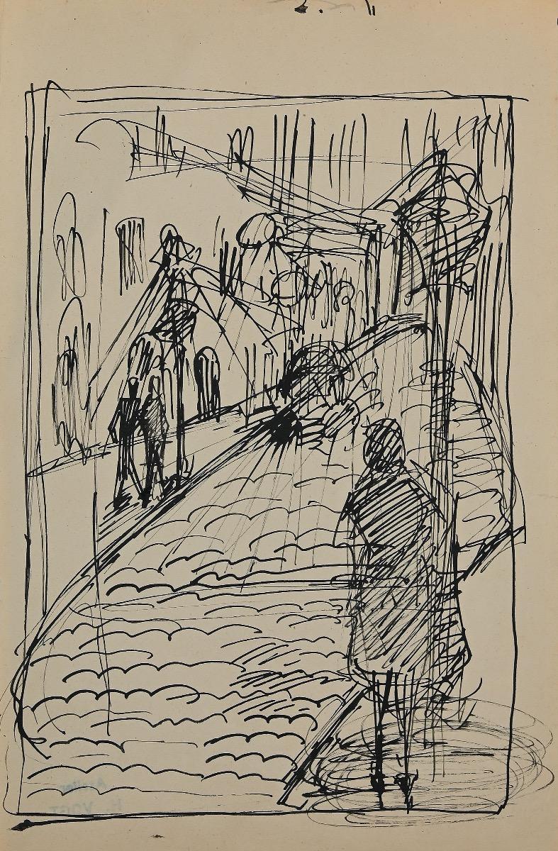 Street with Figures - Crayon et encre d'origine d'Hélène Vogt - 1929