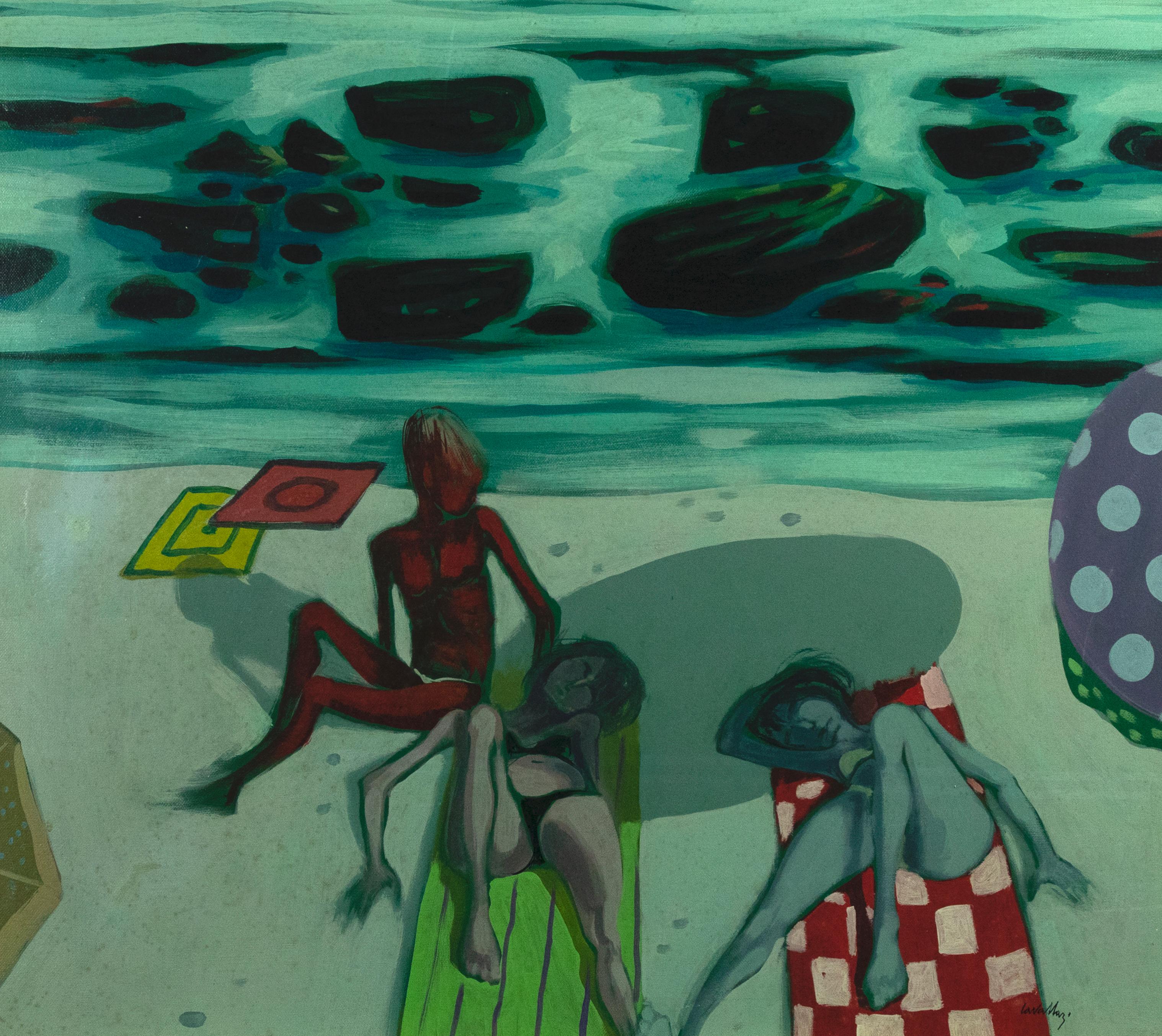 Figuren am Strand – Ölgemälde auf Leinwand von Alberto Cavallari – 1960er Jahre im Angebot 1