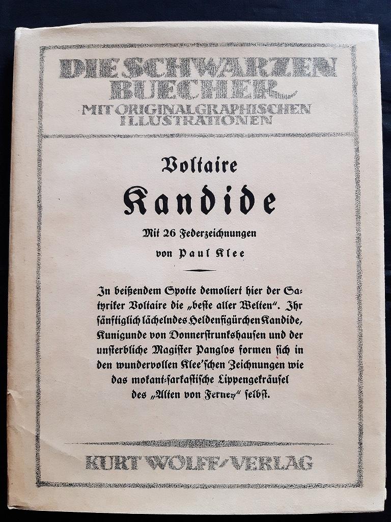 Kandide oder die beste Welt is an original modern rare book illustrated by Paul Klee (Münchenbuchsee, 1879 – Muralto, 1940) in 1920.

Published by Wolff Verlag, Munchen.

First Edition.

Format: in 4°.

90 pages. 

Original dust jacket and slipcase