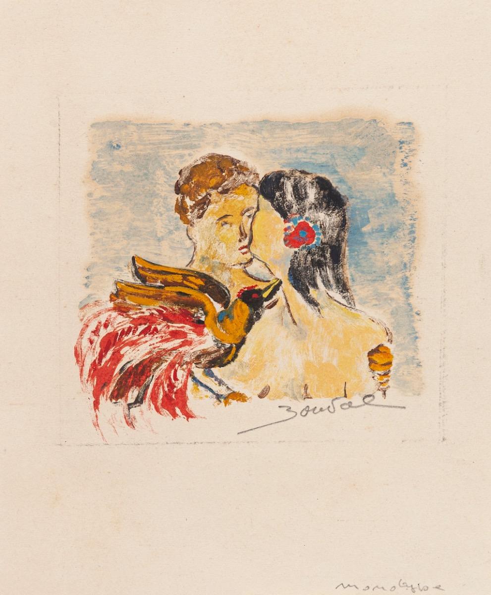 Maurice Bouval Figurative Art - The Kiss - Drawing by Bouval - Late 20th Century 