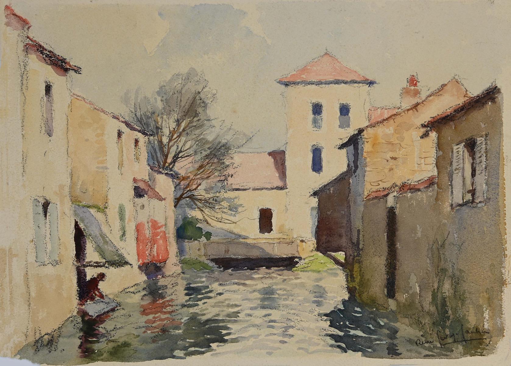 Gautier René Georges Figurative Art - Houses on the River - Watercolor by R. G. Gautier- Mid-20th Century