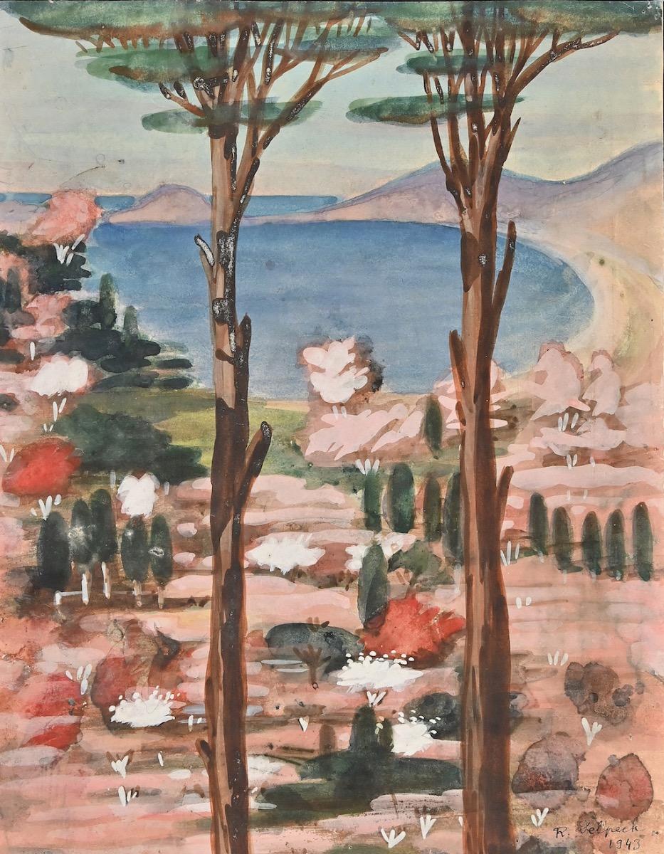 Jean-raymond Delpech Landscape Art - Pines on the Sea - Original Watercolor by Jean-Raymond Delpech - 1943