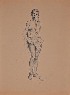 Standing Nude Girl - Original Drawing in Ink by Vincenzo Gemito - 1890 ca