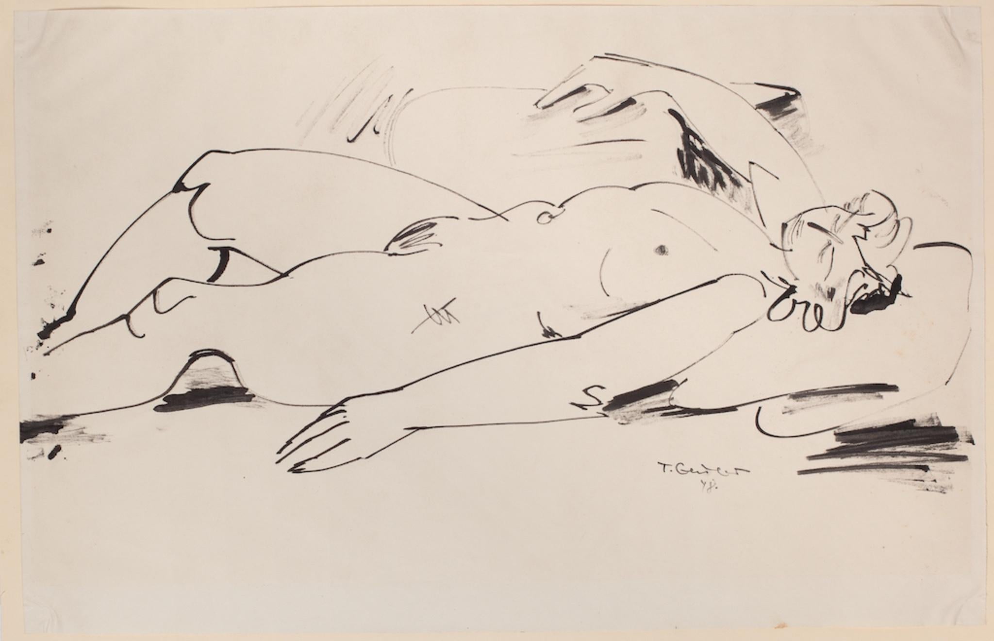 Nude - Original China Ink Drawing by Tibor Gertler - 1948