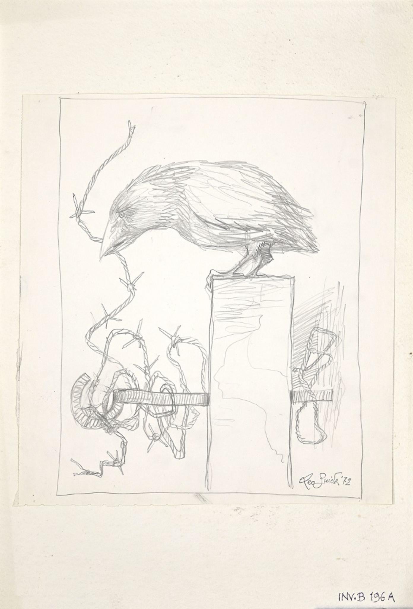The Crow ist ein originales zeitgenössisches Kunstwerk des italienischen Künstlers Leo Guida aus dem Jahr 1972.

Original-Zeichnung.

Datiert und handsigniert mit Bleistift am unteren rechten Rand: Leo Guida '72.  

Das Werk wird auf einen Karton