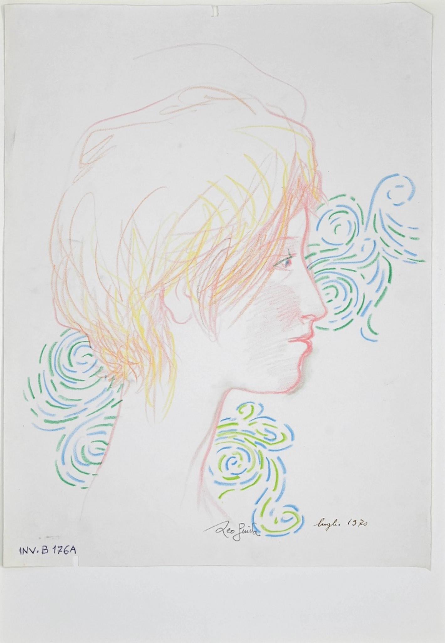weibliches Porträt – Bleistift und Tinte von Leo Guida – 1970