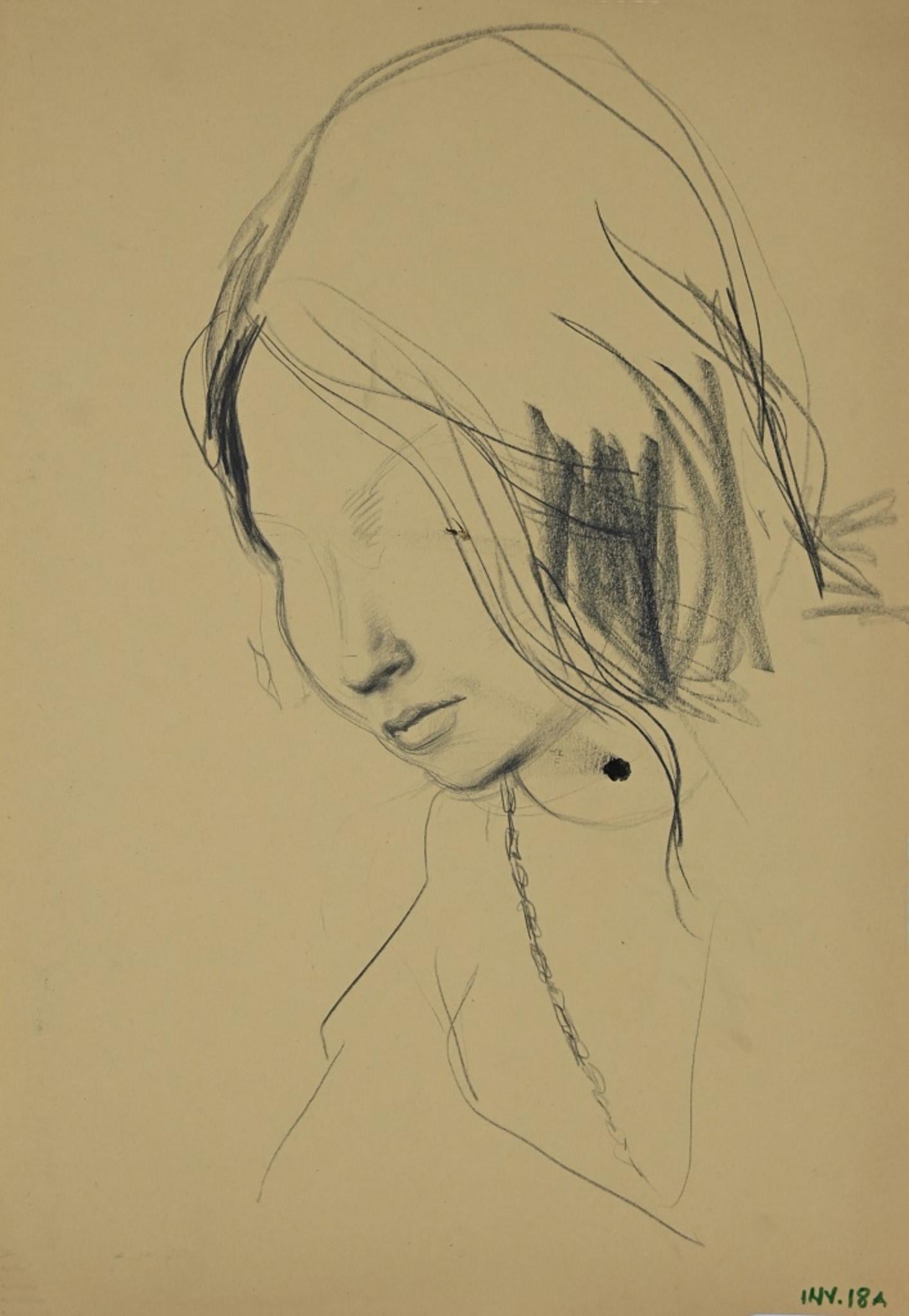 Female Portrait - Charcoal Drawing by Leo Guida - 1970s