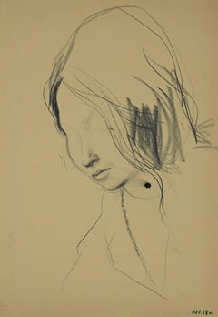 Female Portrait - Charcoal Drawing by Leo Guida - 1970s