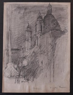 Piazza Navona - Pencil Drawing by Nicola Simbari - 1960s