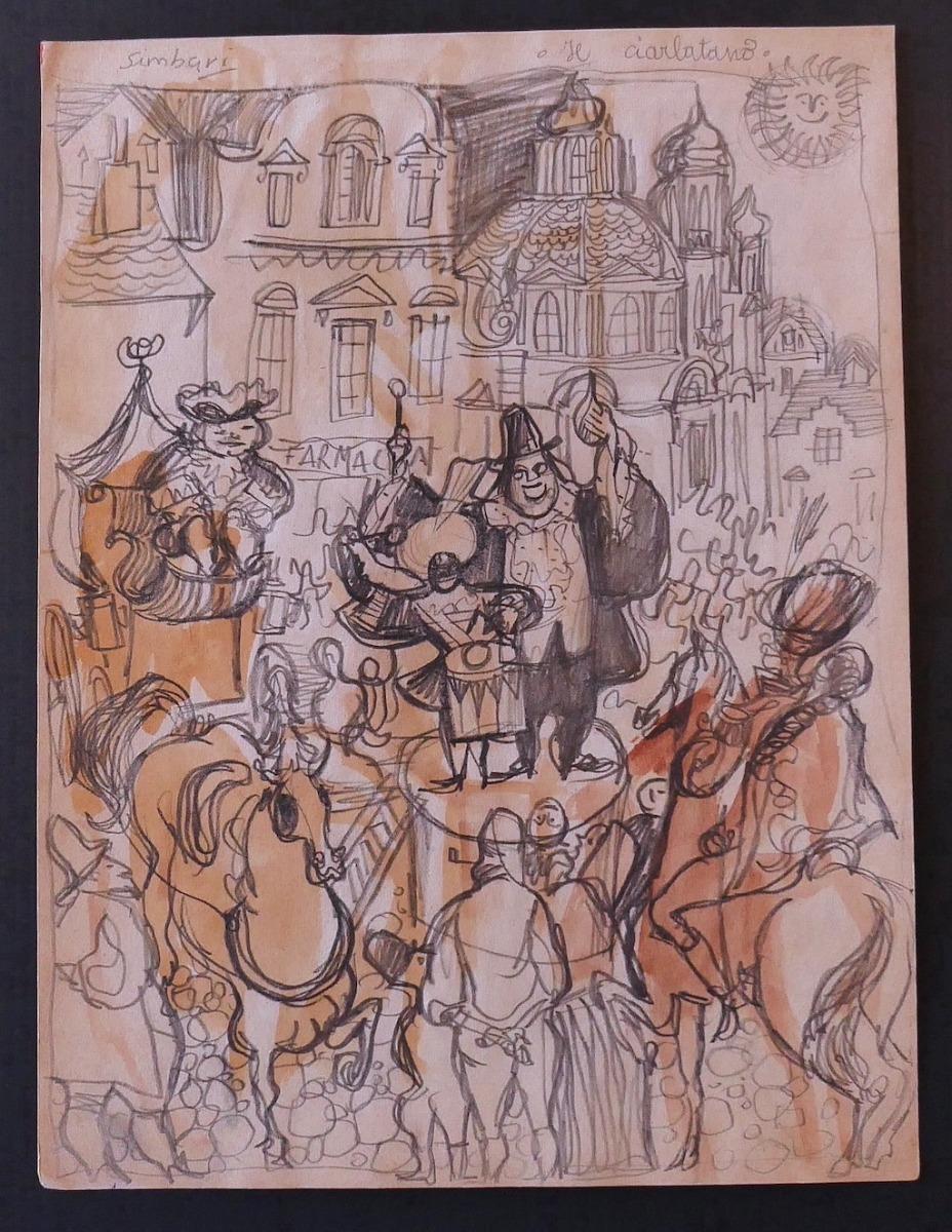 Charlatan ist eine Originalzeichnung in Bleistift und Aquarell auf Papier von Nicola Simbari aus dem Jahr 1960.

Mit verschiedenen Skizzen auf der Rückseite in Bleistift.

Unter guten Bedingungen

Nicola Simbari (San Lucido, 1927) war ein