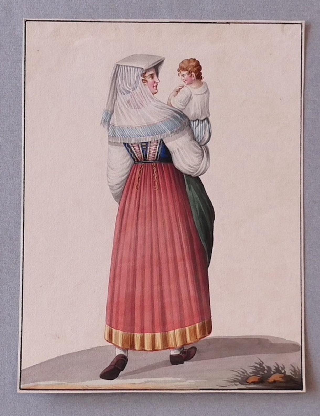 Costume of Ischia - Ink and Watercolor by Michela De Vito - 1830s