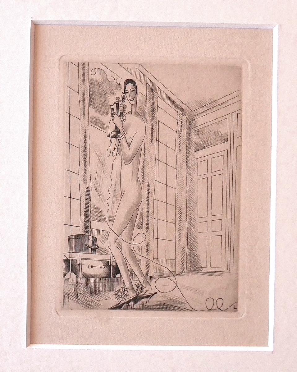 Woman on The Phone is an original etching artwork, realized by Emile Laboureur in 1928

The state of preservation is very good.  Image Dimensions: 13 x 6.5 cm.

Representing a young woman on the phone through perfect hatchings.