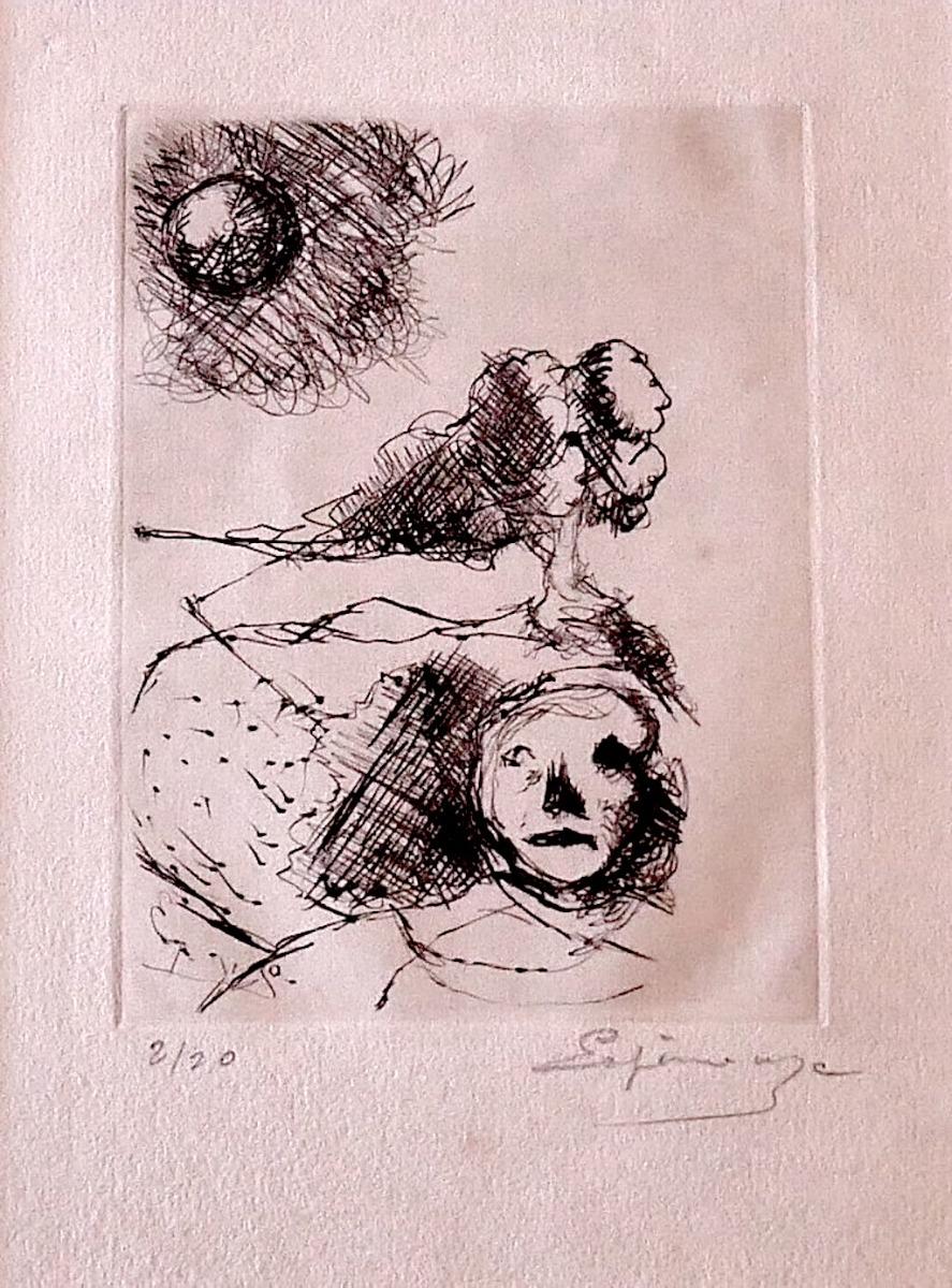 Figure is an etching on paper realized by Henri Espinouze (1915-1982).

Hand-signed on the lower right.

Numbered. Edition,2/20.  Image Dimensions: 15.5 x 12 cm.

The state of preservation is good. 

The artwork represents a figure skillfully