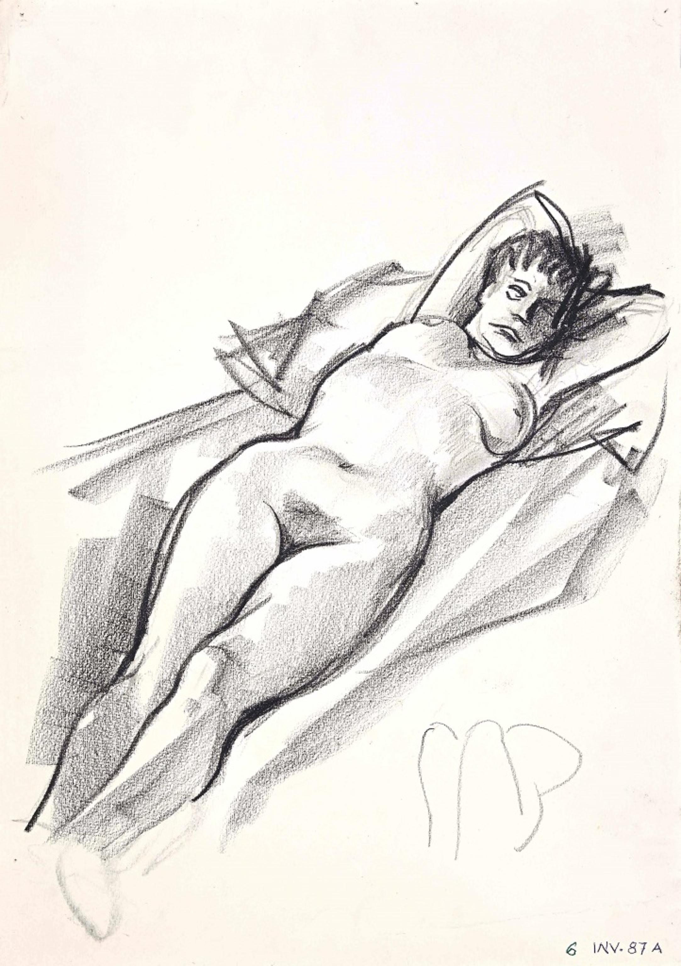 Leo Guida Nude – Aktzeichnung an Holzkohle – weiblicher Akt – 1970er Jahre