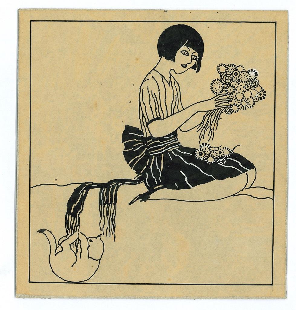 Girl With Flowers - China ink Drawing by Bruno Angoletta - 1915
