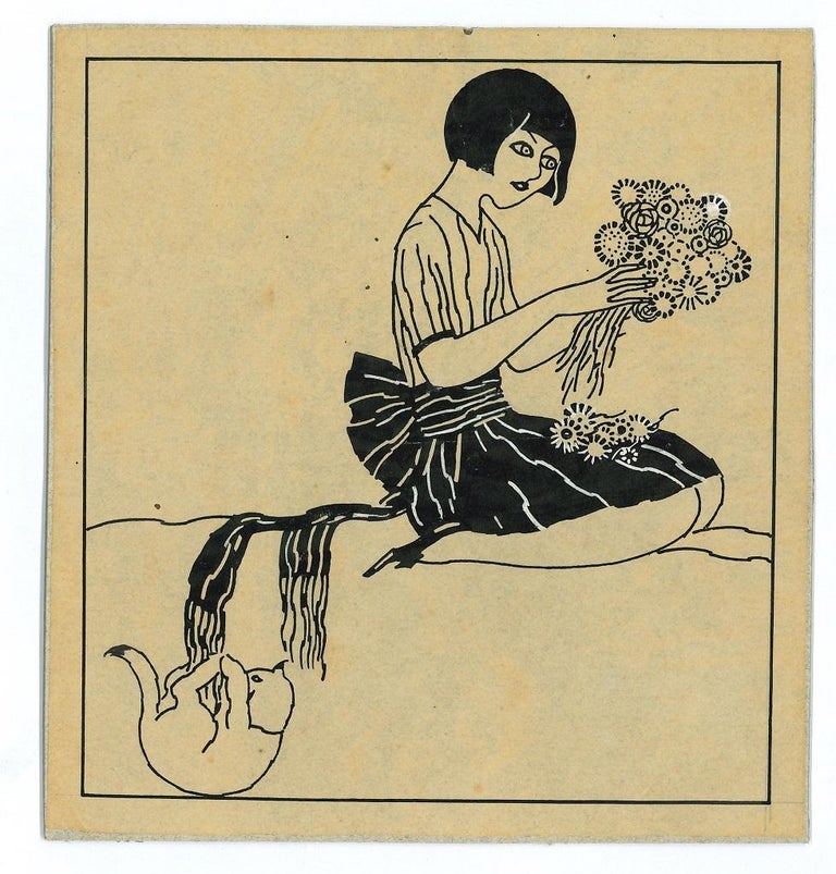 Girl With Flowers is an original modern artwork realized in the 1915s by the Italian illustrator Bruno Angoletta (Belluno, 1889 - 1954).

Original drawing in China ink on cardboard.

Good conditions.

Small format china ink drawing depicting a