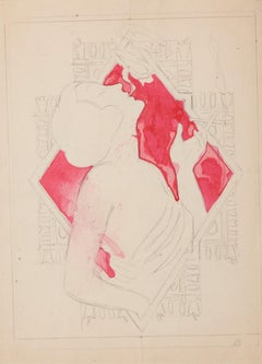 Woman Profile - Drawing In Pencil and Watercolor - Mid-20th Century