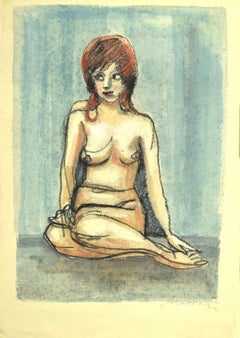 Nude - Original Pastel and Watercolor Drawing by Mino Maccari - 1980