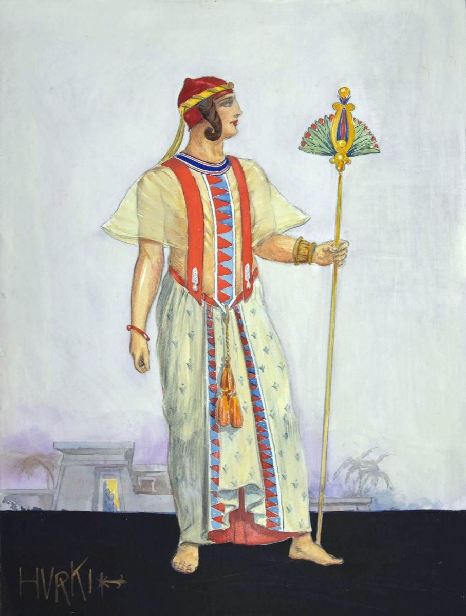 Hurki Costume pour un opéra - dessin au crayon et à l'aquarelle de Taho - années 1930