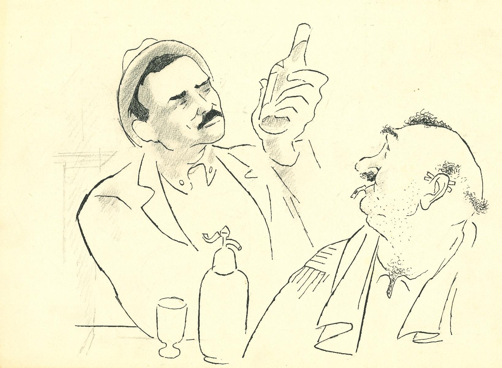Adolf Reinhold Hallman Figurative Art - Drinkers in Bar - China Ink Drawing by A. R. Hallman - 1956 ca.
