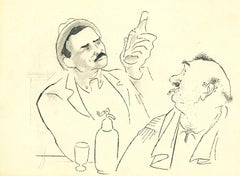 Vintage Drinkers in Bar - China Ink Drawing by A. R. Hallman - 1956 ca.